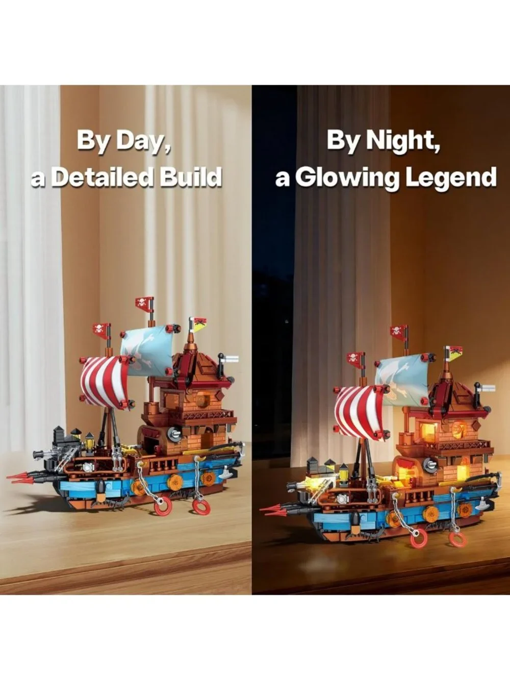 LED Lighted Pirate Ship Building Kit - 916PCS Blocks Set with Treasure Chest